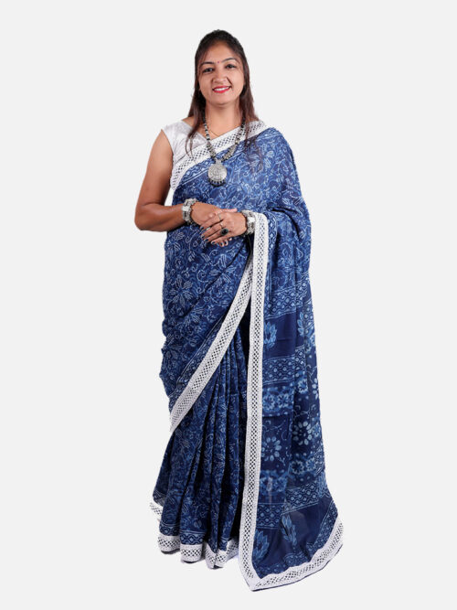Tarapur Nandana Bel Print Wide Border Saree - Indigo
