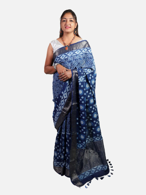 Tarapur Nandana Abstract Wave Print Wide Border Saree - Indigo