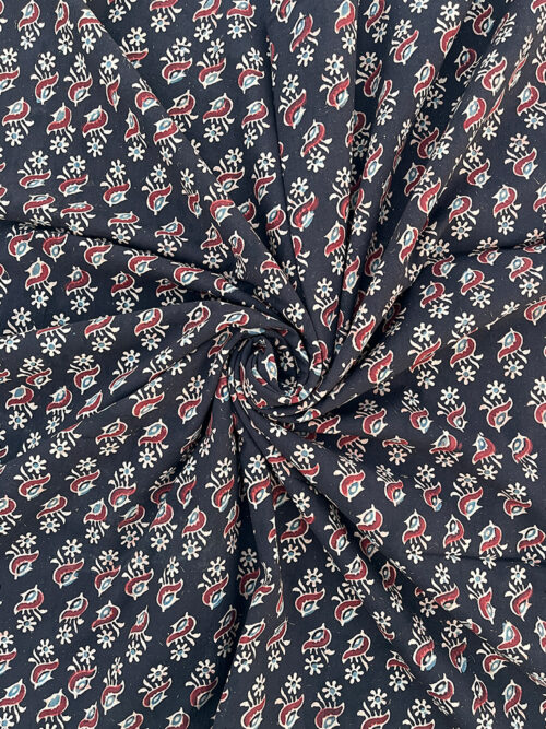 Ajrakh Hand Block Print Flower Design Cotton Fabric - Black