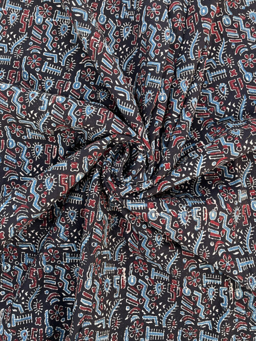 Ajrakh Hand Block Print Warli Art Pattern Design Cotton Fabric - Black