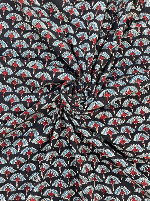 Ajrakh Hand Block Floral Print Cotton Fabric - Black