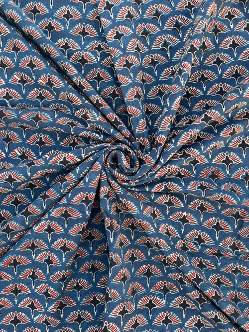 Ajrakh Hand Block Floral Print Cotton Fabric - Blue