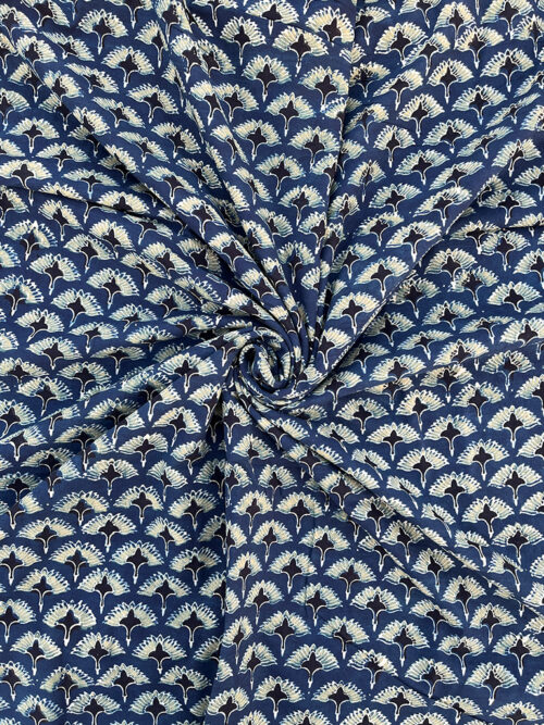 Ajrakh Hand Block Floral Print Cotton Fabric - Blue Green