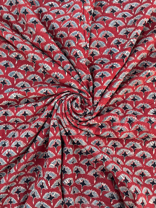 Ajrakh Hand Block Floral Print Cotton Fabric - Red
