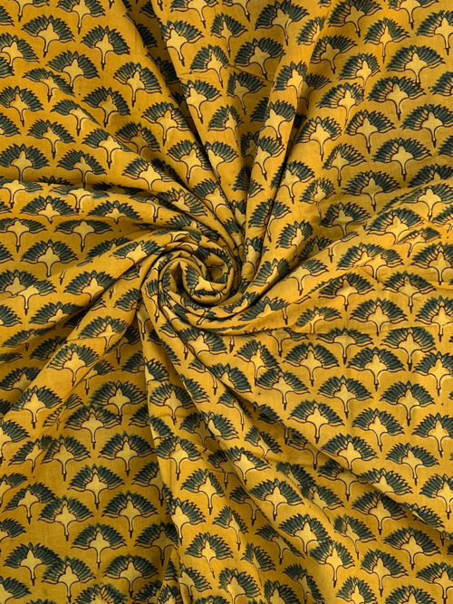 Ajrakh Hand Block Floral Print Cotton Fabric - Yellow