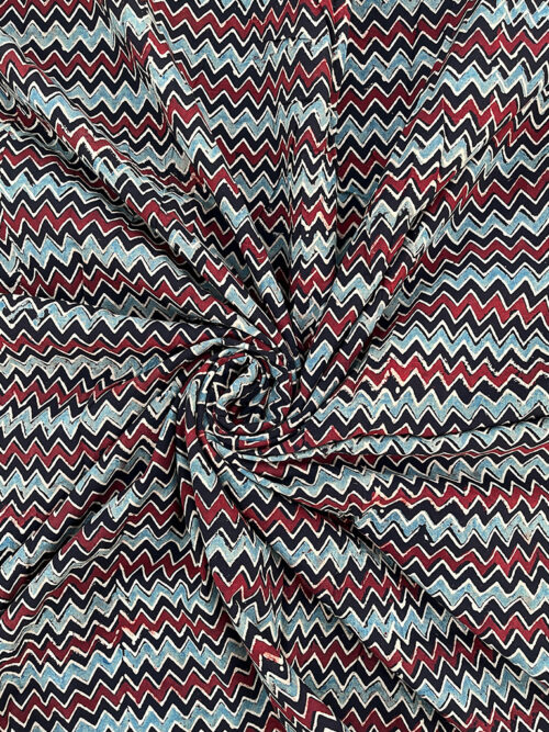 Ajrakh Hand Block Zig Zag Print Cotton Fabric - Black