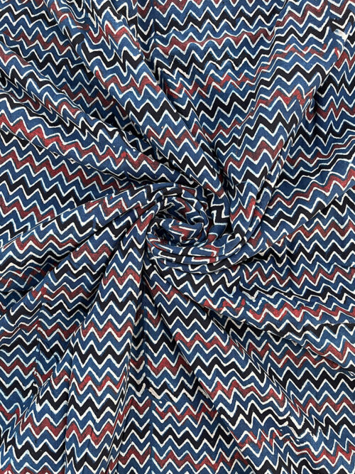 Ajrakh Hand Block Zig Zag Print Cotton Fabric - Blue