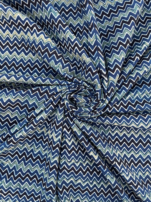 Ajrakh Hand Block Zig Zag Print Cotton Fabric - Blue-Green