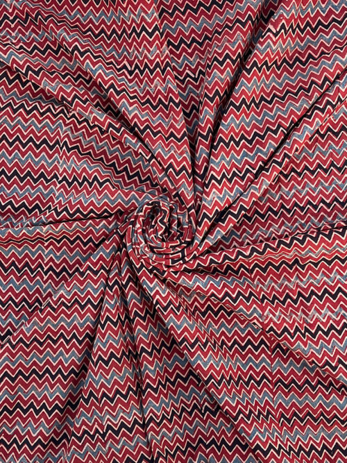 Ajrakh Hand Block Zig Zag Print Cotton Fabric - Red