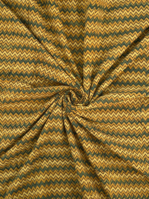 Ajrakh Hand Block Zig Zag Print Cotton Fabric - Yellow