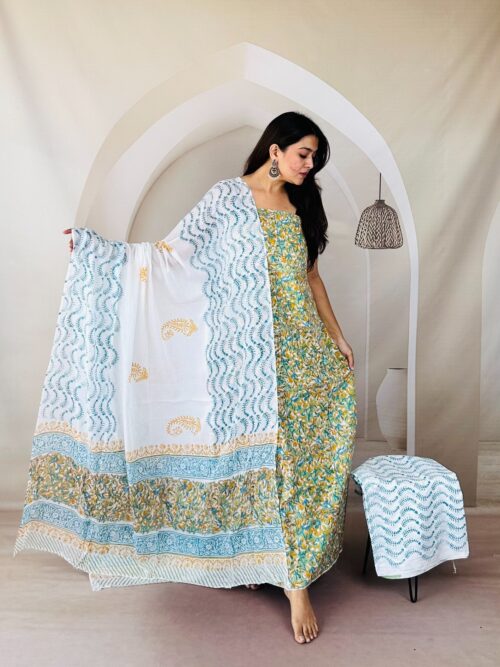 White Floral Hand Printed Jaipur Sangneri Dress Material