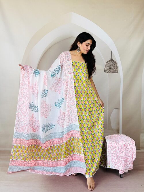 Corn Yellow Flower Printed Jaipur Sangneri Dress Material