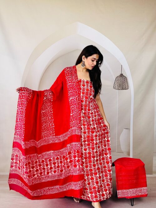 Red Vanspati Print Jaipur Sangneri Dress Material