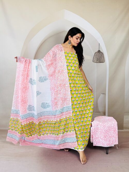 Yellow Green Small Butta Jaipur Sangneri Dress Material