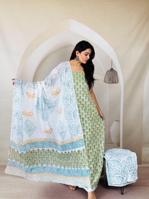 Hand Printed Pastel Green Flower Butta Jaipur Sangneri Dress Material