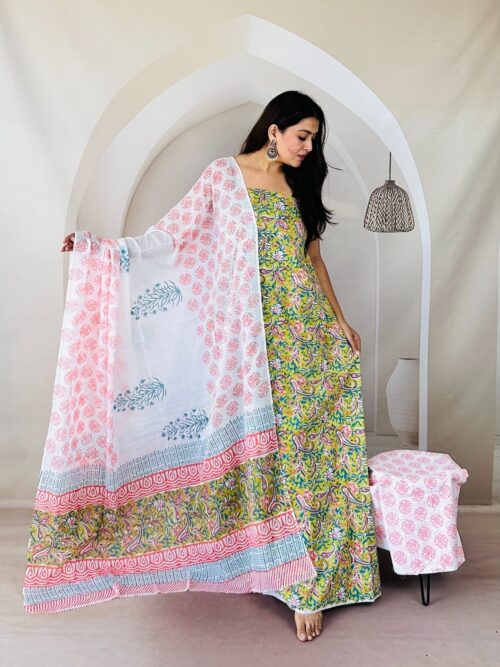 Yellow Green Parsley Print Jaipur Sangneri Dress Material