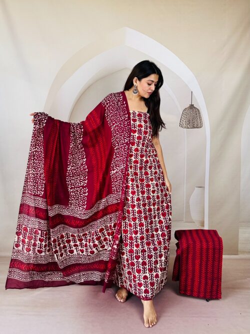 Burgundy Border Print Jaipur Sangneri Dress Material