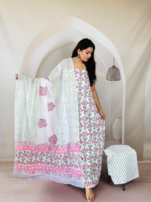 Pearl White Vanaspati Print Jaipur Sangneri Dress Material