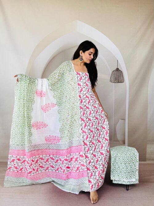 White Jaal Print In Pink Jaipur Sangneri Dress Material