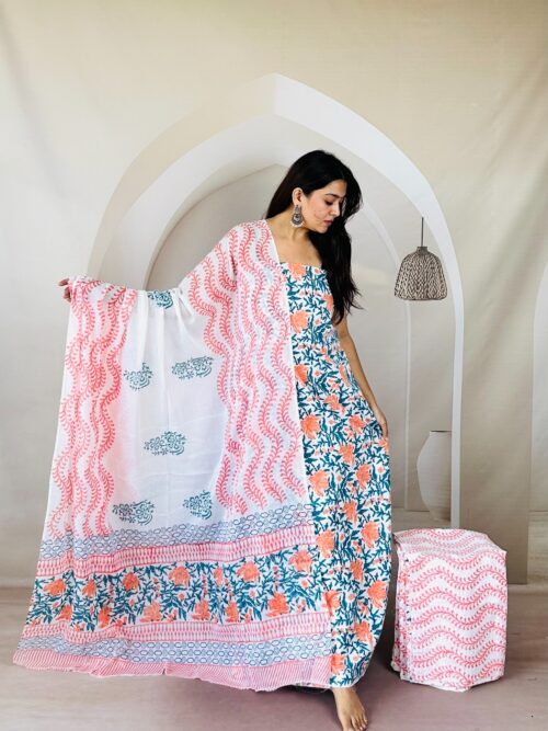 White & Teal Blue Jaal Printed Jaipur Sangneri Dress Material