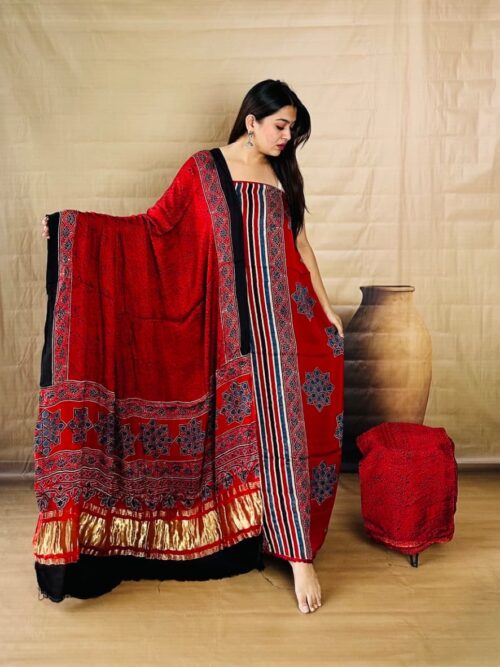 Scarlet Red Color with Tissue Pallu Dupatta-Pure Modal Silk Unstitched Dress Material