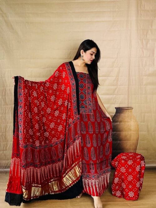 Cherry Color Pure Modal Silk Unstitched Dress Material