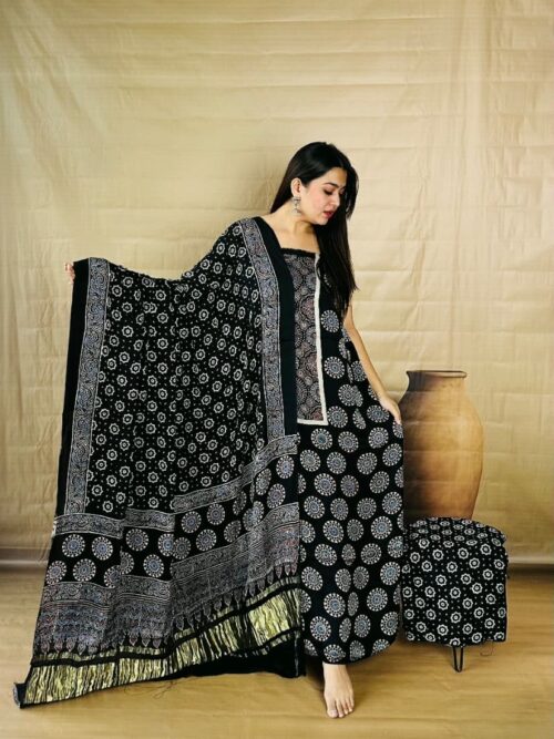 Black in Circular Motif- Pure Modal Silk Unstitched Dress Material