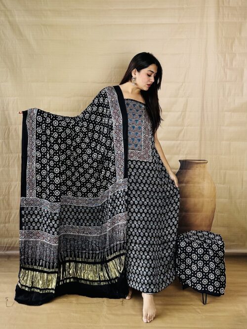 Bold Black Pure Modal Silk Unstitched Dress Material