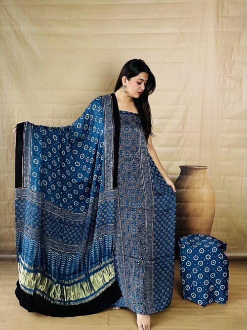 Indigo Dye Color with Tissue Pallu Dupatta - Pure Modal Silk Unstitched Dress Material