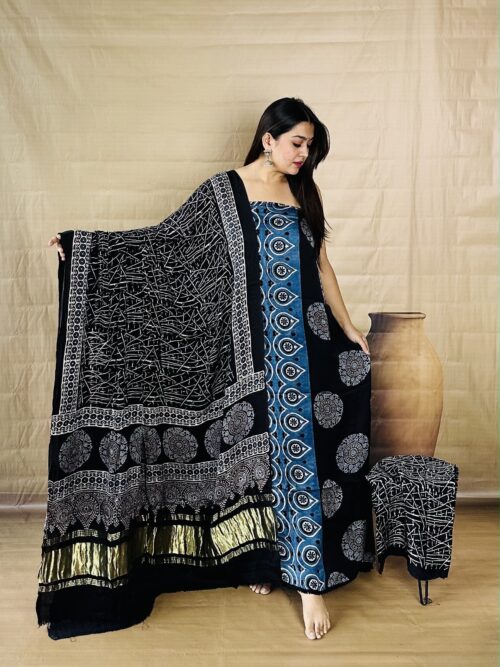 Black & Blue Circular Motif Pure Modal Silk Unstitched Dress Material