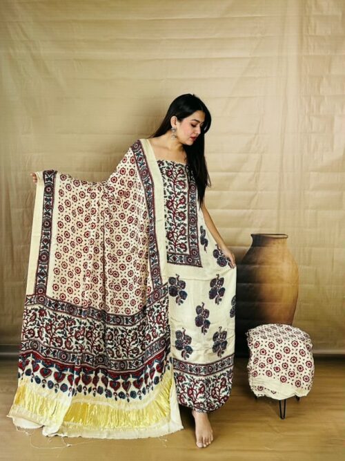 Off-White Big Flower Print Pure Modal Silk Unstitched Dress Material