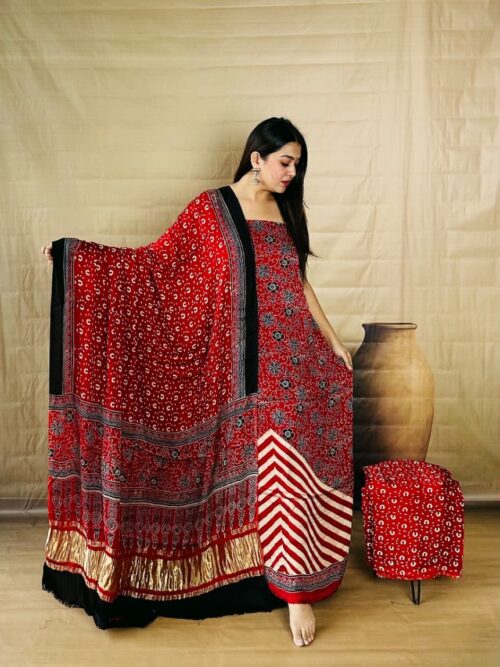 Maroon Contrast Print Pure Modal Silk Unstitched Dress Material