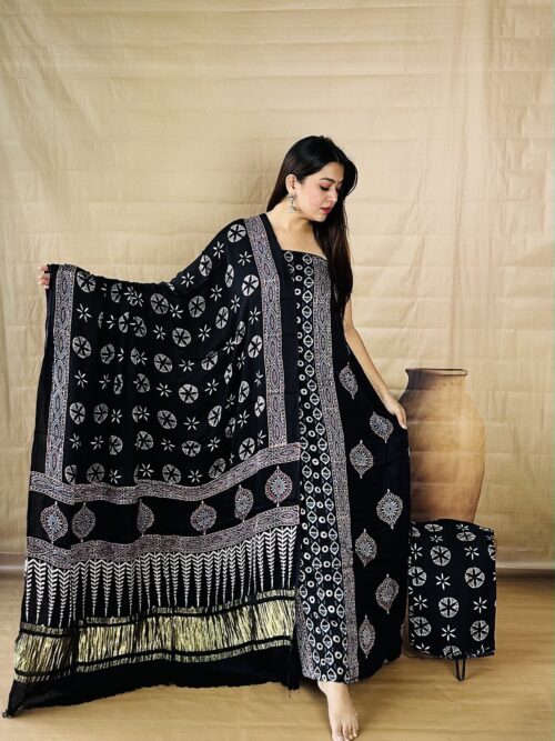 Black in Distinct Motif - Pure Modal Silk Unstitched Dress Material
