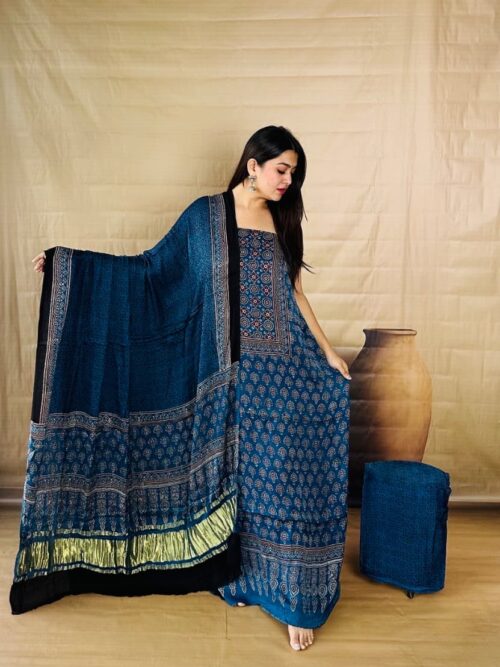 Dark Teal Blue with Yoke - Pure Modal Silk Unstitched Dress Material