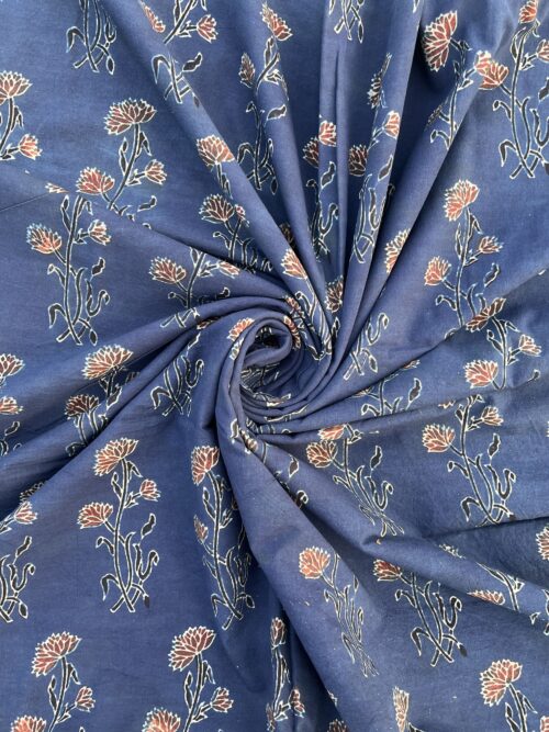 Neel- Komal Floral Ajrakh Hand Block Cotton Fabric