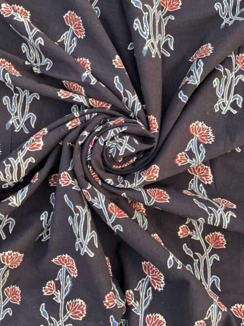 Kohl-Struck Bloom Ajrakh Hand Block Cotton Fabric