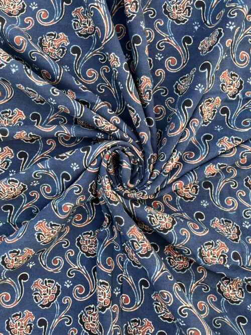Neel Pushpa Vriksh Ajrakh Hand Block Cotton Fabric