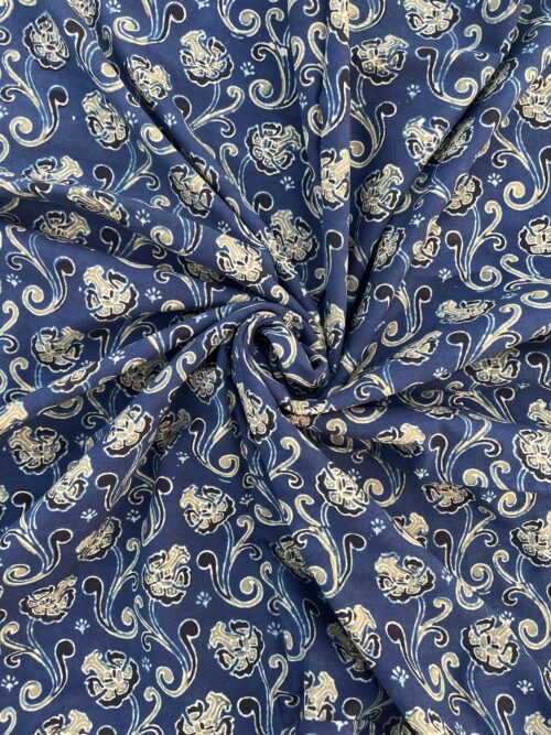 Neelam Pushpa Vriksh Ajrakh Hand Block Cotton Fabric
