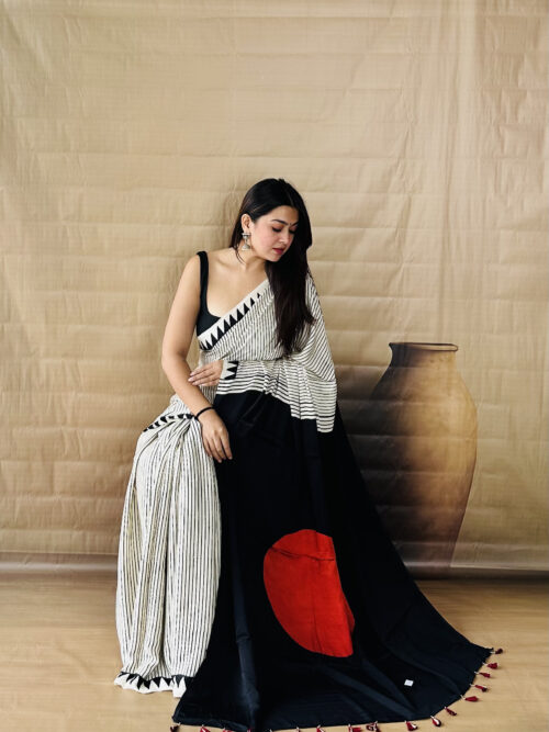 Ivory Lined with Bold Contrast- Ajrakh Modal Silk Saree