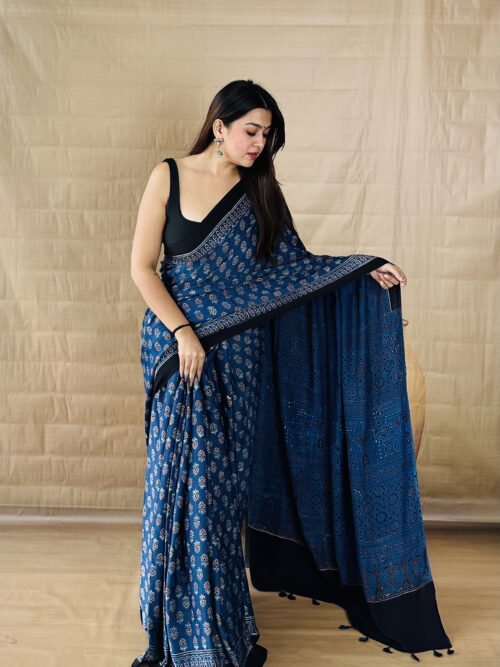 Royal Navy Blue with Floral Butta - Ajrakh Modal Silk Saree