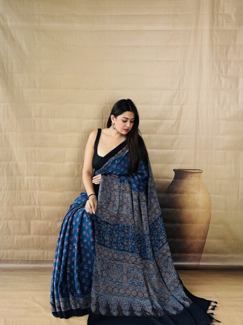 Royal Navy Blue with Artistic Pallu- Ajrakh Modal Silk Saree