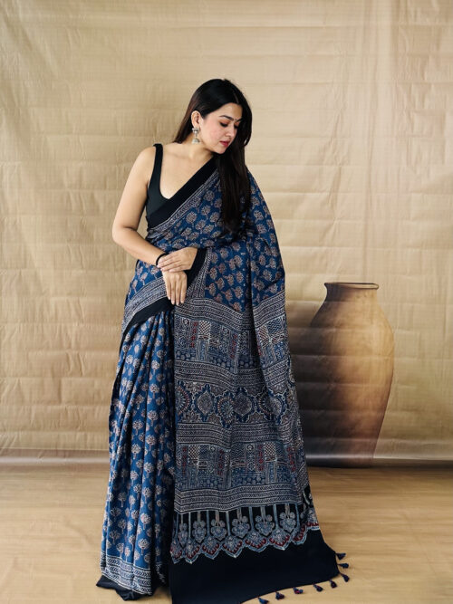 Royal Navy Blue Lotus Print- Ajrakh Modal Silk Saree