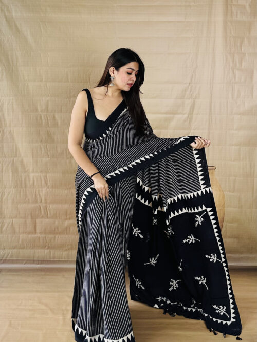 Charcoal Stripes - Ajrakh Modal Silk Saree
