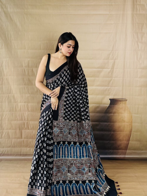 Charcoal  Aam Butta - Ajrakh Modal Silk Saree