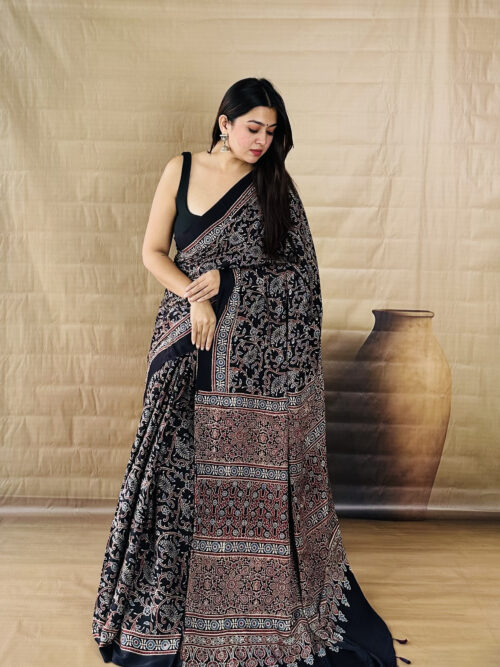 Black Color Jaal Print Ajrakh Modal Silk Saree