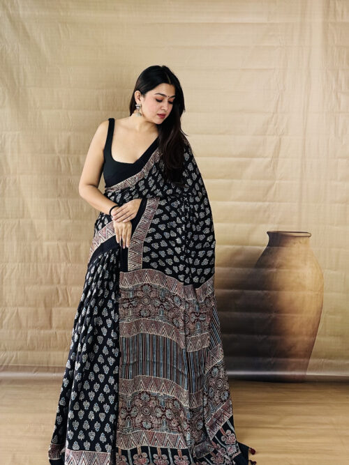 Black Color Floral Print Ajrakh Modal Silk Saree