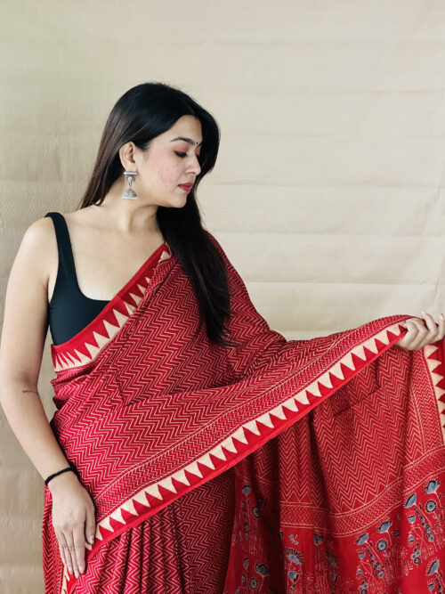 Rich Brick Red Chevron Patterned Ajrakh Modal Silk Saree