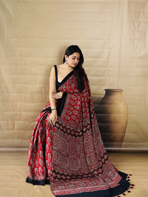 Classic Red  Ajrakh Modal Silk Saree
