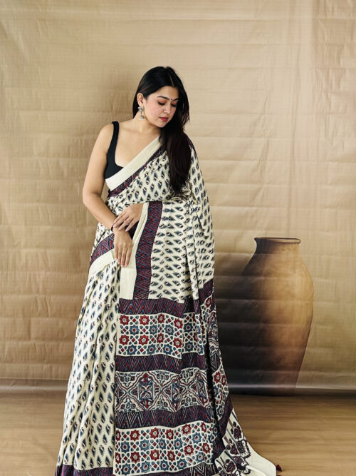Ivory Small Print Ajrakh Modal Silk Saree
