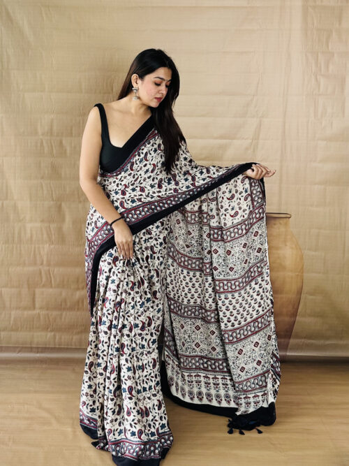 Ivory Paisley Print- Pure Ajarkh Silk Saree